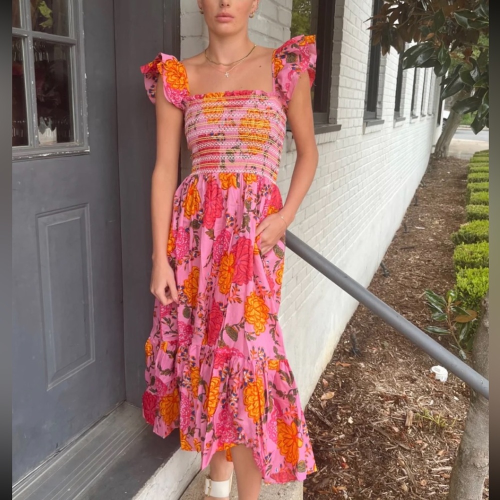 Pink floral smocked ruffle dress- Olivaceous